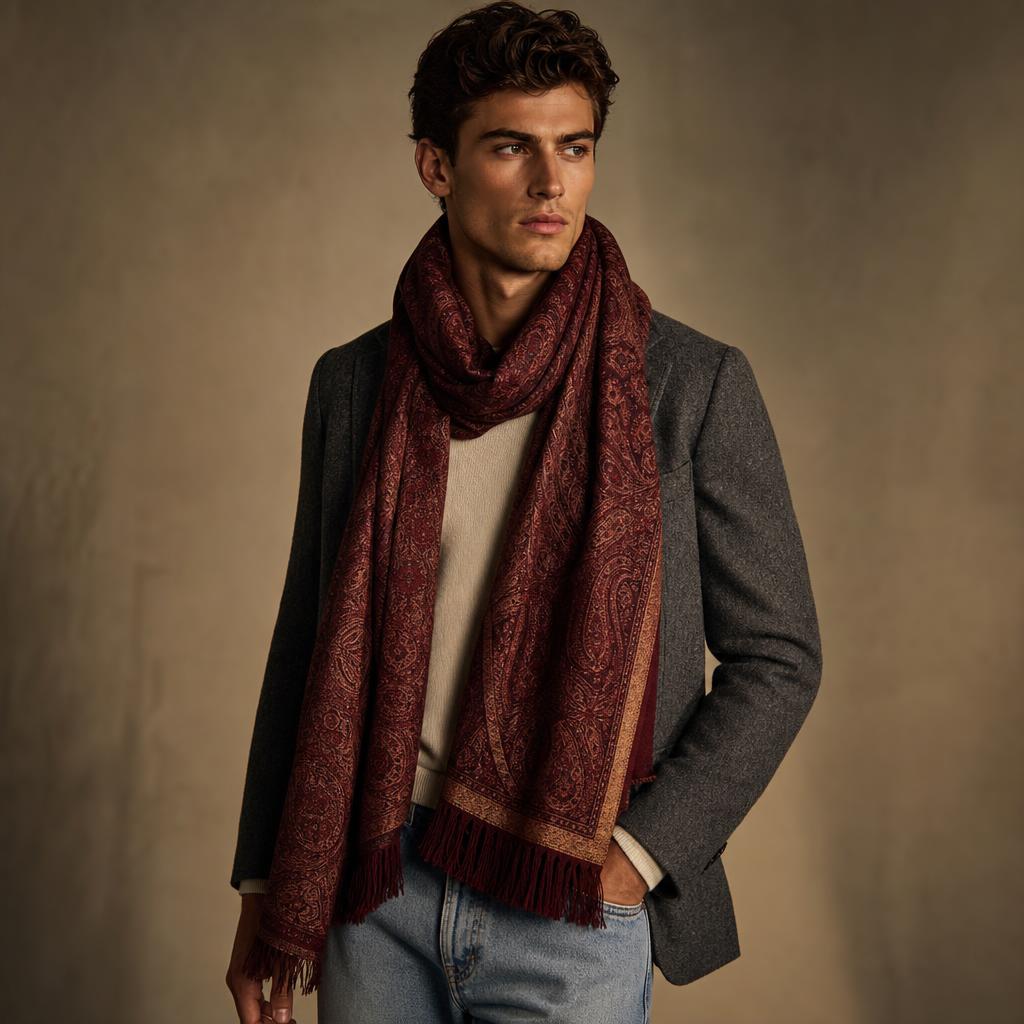 Edinburgh 100% Pure Merino Wool Wine Paisley Stole-TRAVEL