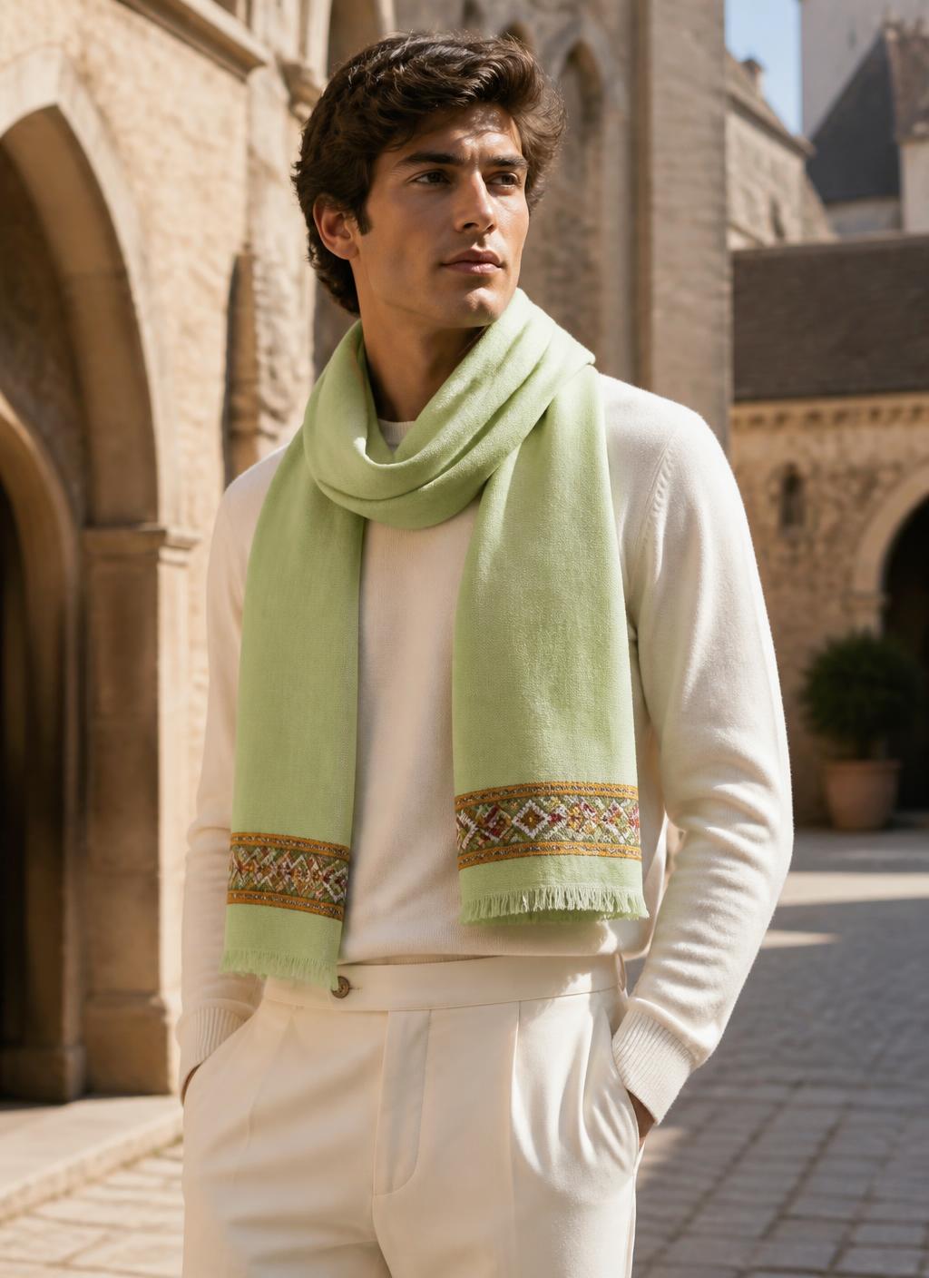 Castello 100% Pure Merino Wool Handwoven Pista Green  Stole-TRAVEL