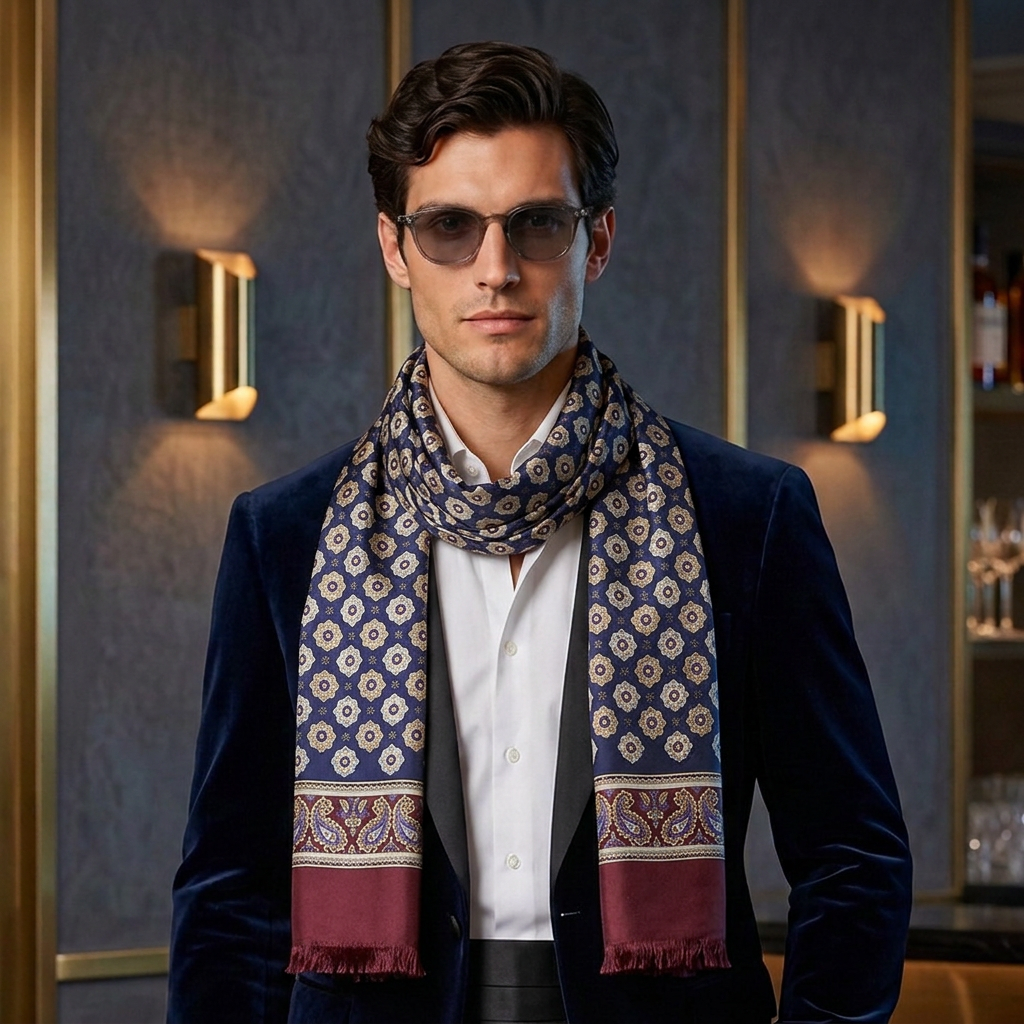 Elysee  Multicolored and Navy Tile Motif Printed Silk -Conversations