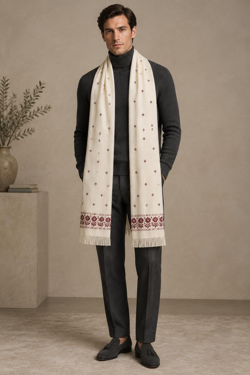 Davos Ivory Ornamental Pure Wool Embroidered Stole-Executive