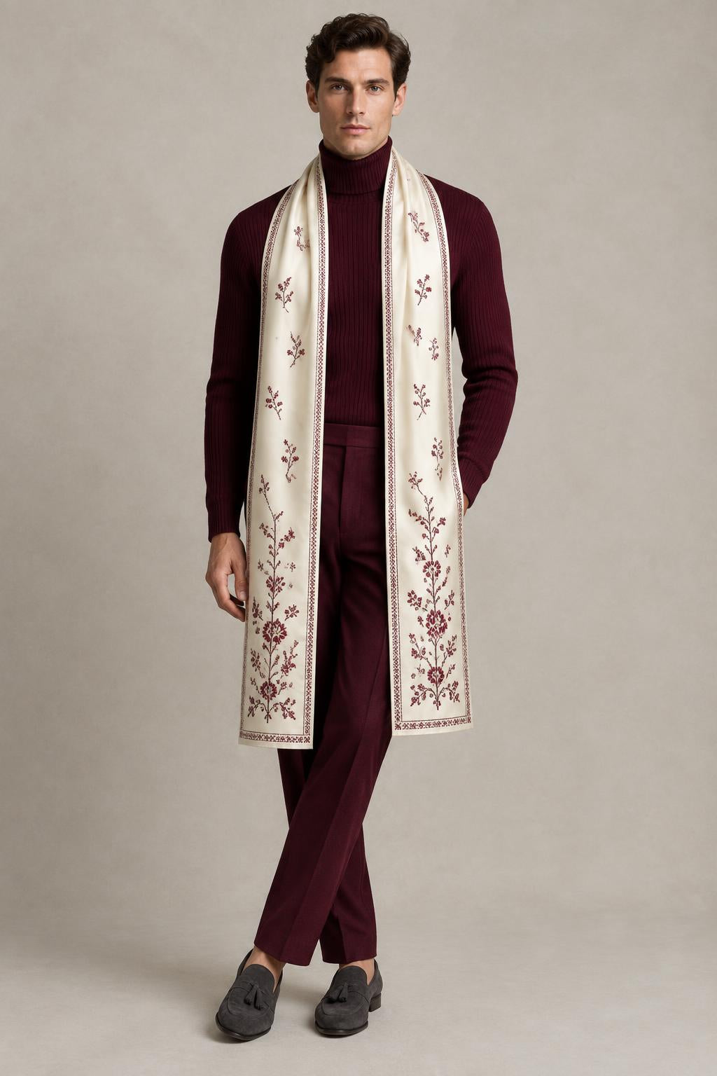 Gstaad  Ivory Ornamental Pure Wool Embroidered Stole-Executive