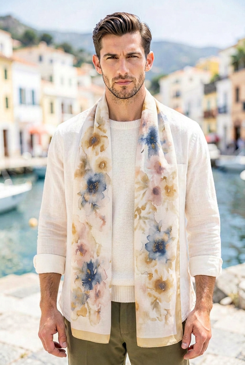 Cinque Terre  100% Linen Washed Floral Print Stole-LEISURE